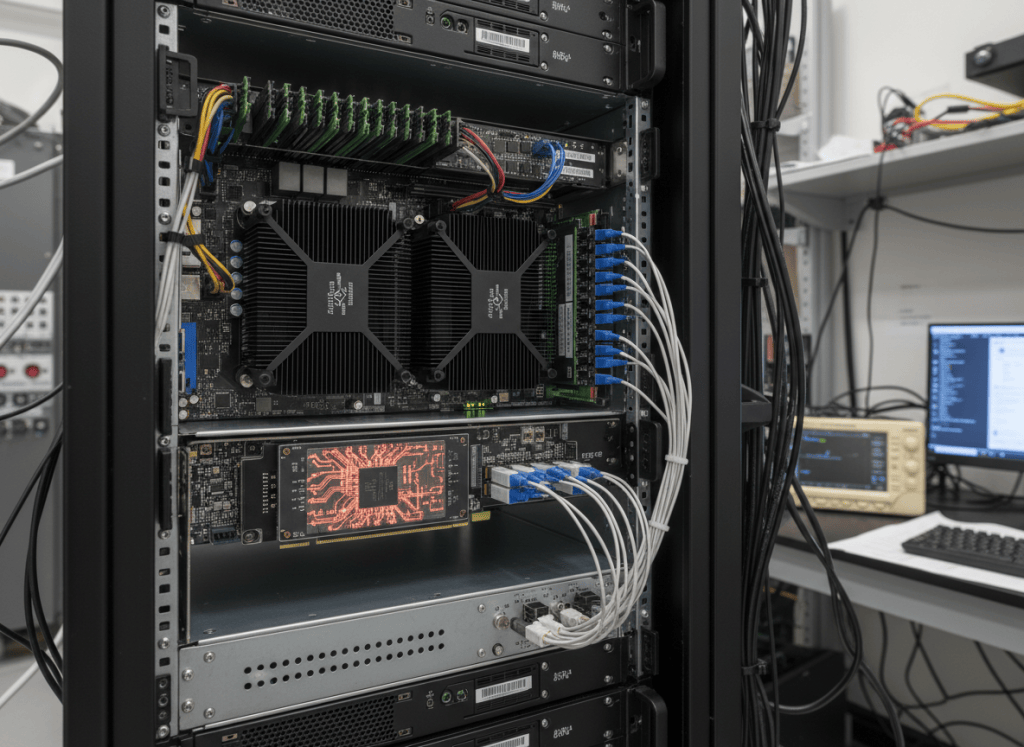 Photonic computing accelerator card installed in a server with optical and electronic connections