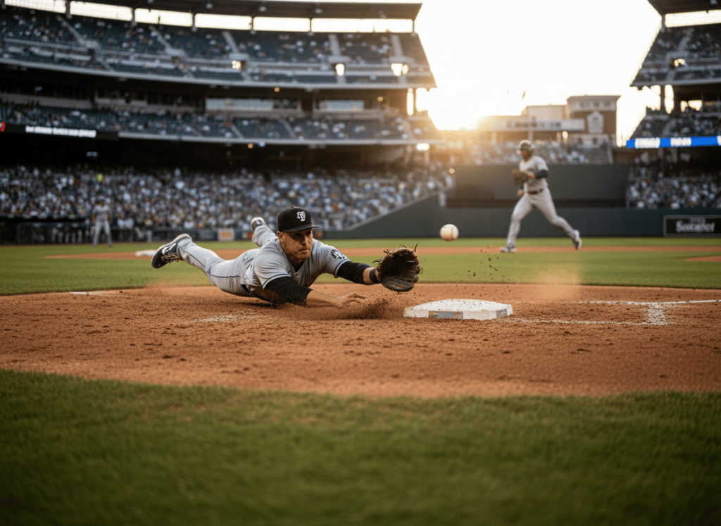 Photorealistic editorial sports photograph of a professional baseball first baseman at first base stretching low to scoop a difficult bouncing throw from the infield as a runner sprints toward the bag, realistic dirt and green grass, packed modern baseball stadium softly out of focus, natural late-afternoon stadium lighting, authentic athletic body mechanics, documentary sports photography, telephoto lens look, crisp subject with realistic motion, no logos, no team trademarks, no text, no infographic, no illustration, no cartoon, landscape 16:9 composition suitable for a technology-and-sports news article about Statcast measuring first-base receiving and scoops.