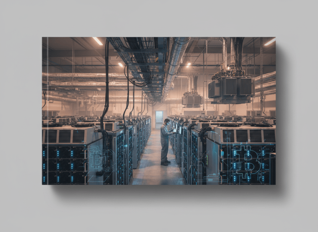 Photorealistic large Bitcoin mining facility with rows of ASIC miners, technician, power distribution and cooling, subtle bitcoin visual motif, realistic documentary style, no text, landscape featured cover, polished realistic editorial quality