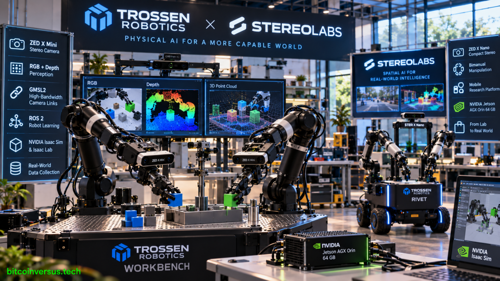 Robotics lab illustration showing dual-arm and mobile robot learning platforms with stereo vision cameras