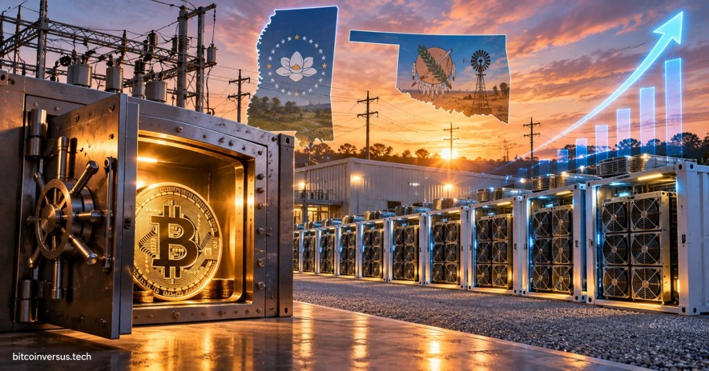 Original BitcoinVersus.Tech illustration of an opened Bitcoin collateral vault beside ASIC mining infrastructure representing PowerCompute's debt repayment and mining expansion.