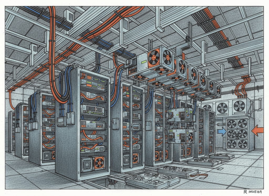 Colored-pencil illustration of older Bitcoin ASIC miners being replaced by newer higher-hashrate mining machines in an industrial facility
