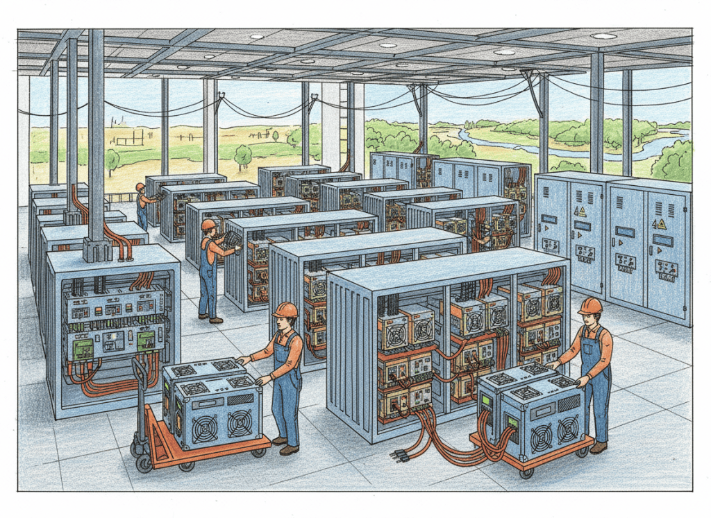 Colored-pencil illustration of a Bitcoin mining fleet upgrade with newer ASIC miners replacing older machines in industrial mining infrastructure.