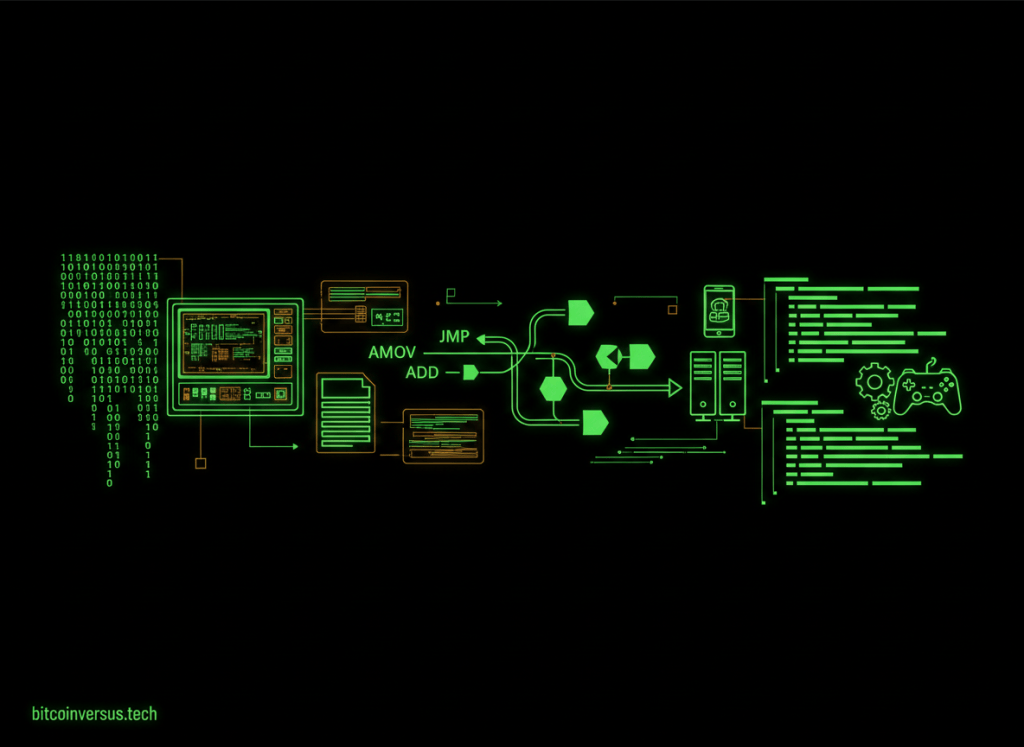 A neon black-and-green visual showing programming evolving from binary machine code through assembly and compilers to modern high-level languages.