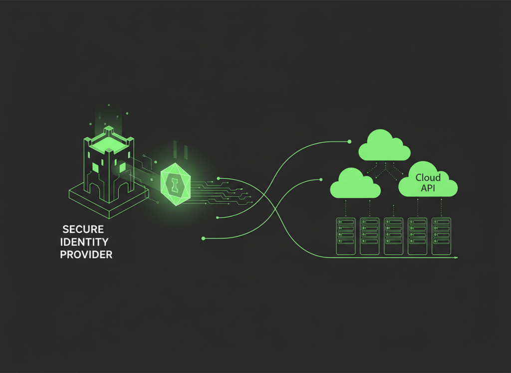 Illustration of a protected identity token moving from an identity provider to a cloud API.