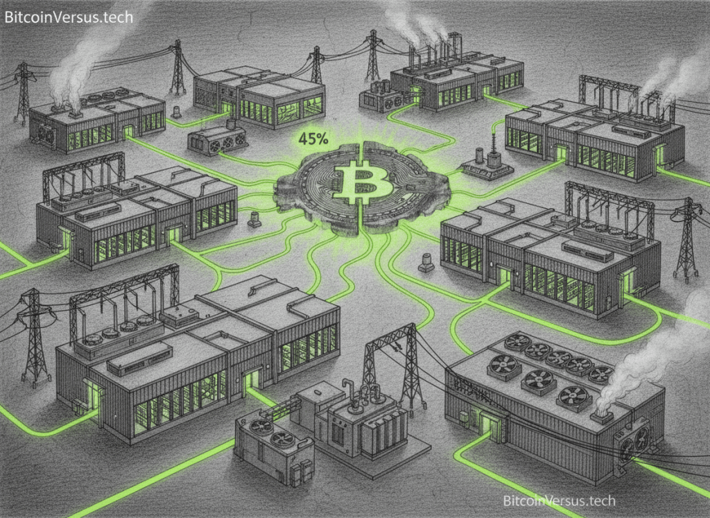 Editorial illustration of public Bitcoin mining companies representing a large share of global network hashrate