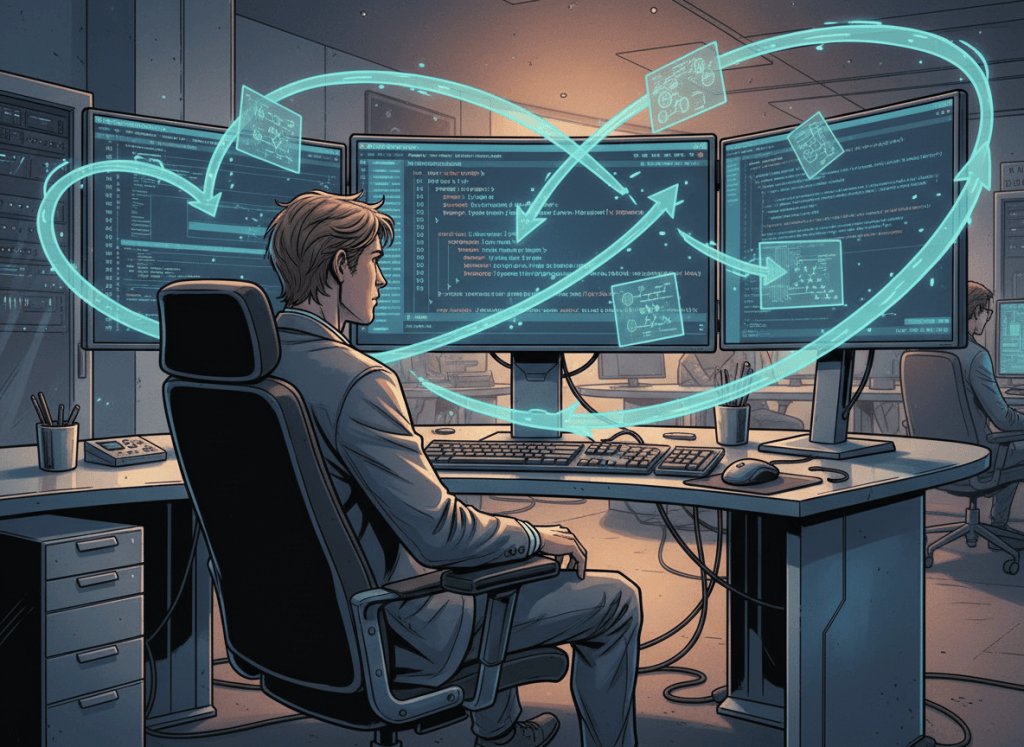Python programming for loops range and iteration, realistic comic-book style technology illustration of a programmer at workstation with code editor and repeating data-flow loops across screens, grounded professional environment, detailed realistic proportions, no text, landscape news cover composition, polished realistic editorial quality