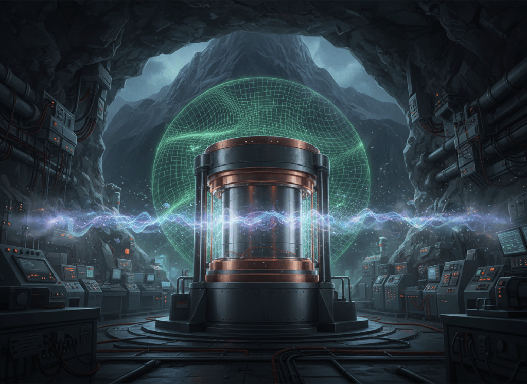 Illustration of an underground germanium detector testing whether gravity causes quantum decoherence.