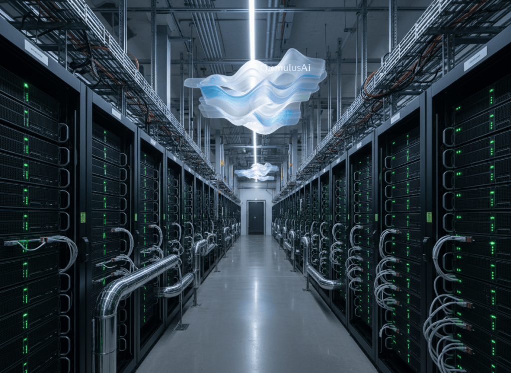 U.S. AI data center GPU racks illustrating QumulusAI's deployment of 616 NVIDIA RTX PRO 6000 Blackwell GPUs for Runpod.