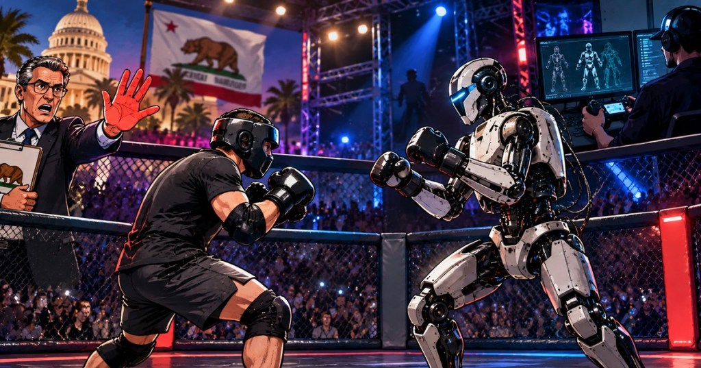 Comic-style human versus humanoid robot cage fight with California official stopping the bout