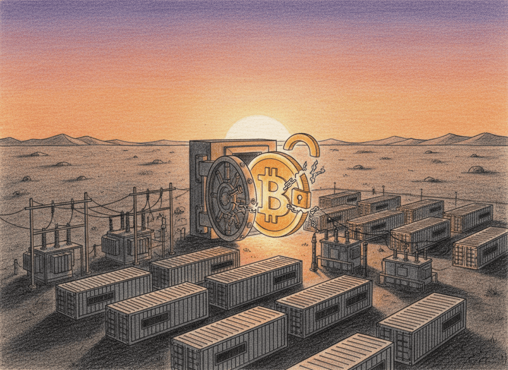 Colored-pencil illustration of a Texas Bitcoin mining data center with Bitcoin collateral being released from a secured loan.