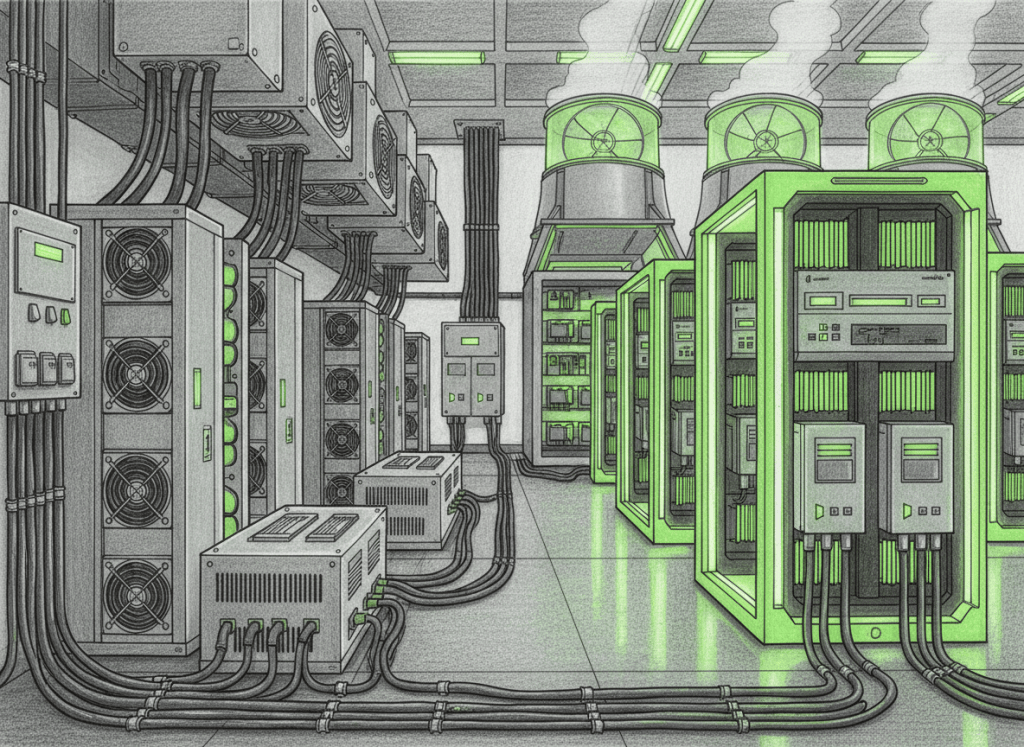 Colored-pencil illustration showing an industrial Bitcoin mining fleet transitioning from S19-generation to S21-generation ASIC miners