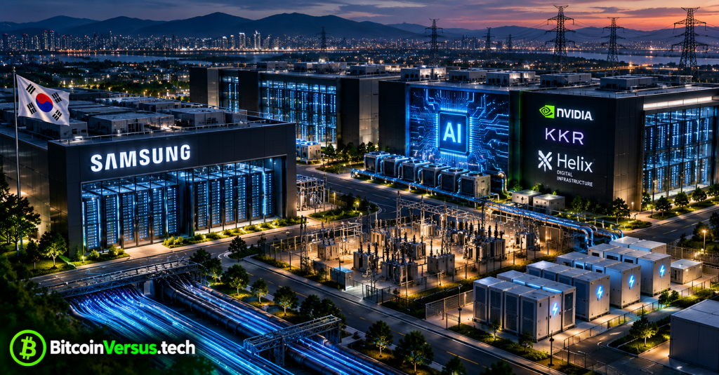 Original BitcoinVersus.tech illustration of Samsung and Helix Digital Infrastructure AI data centers, power infrastructure, battery storage, fiber networking and South Korean flag.