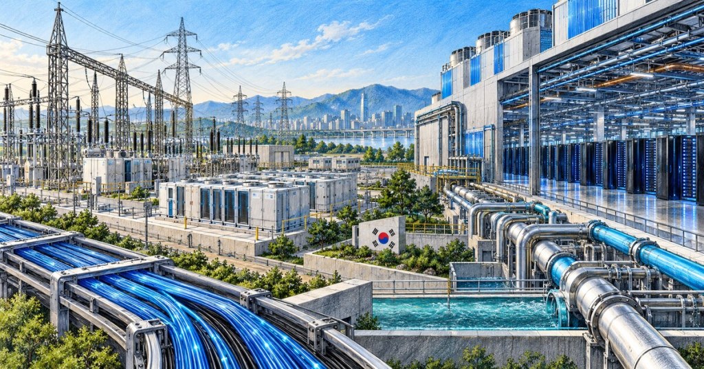 AI-generated editorial illustration of an AI data center beside power transmission, cooling, battery, and fiber infrastructure with a South Korean flag motif.