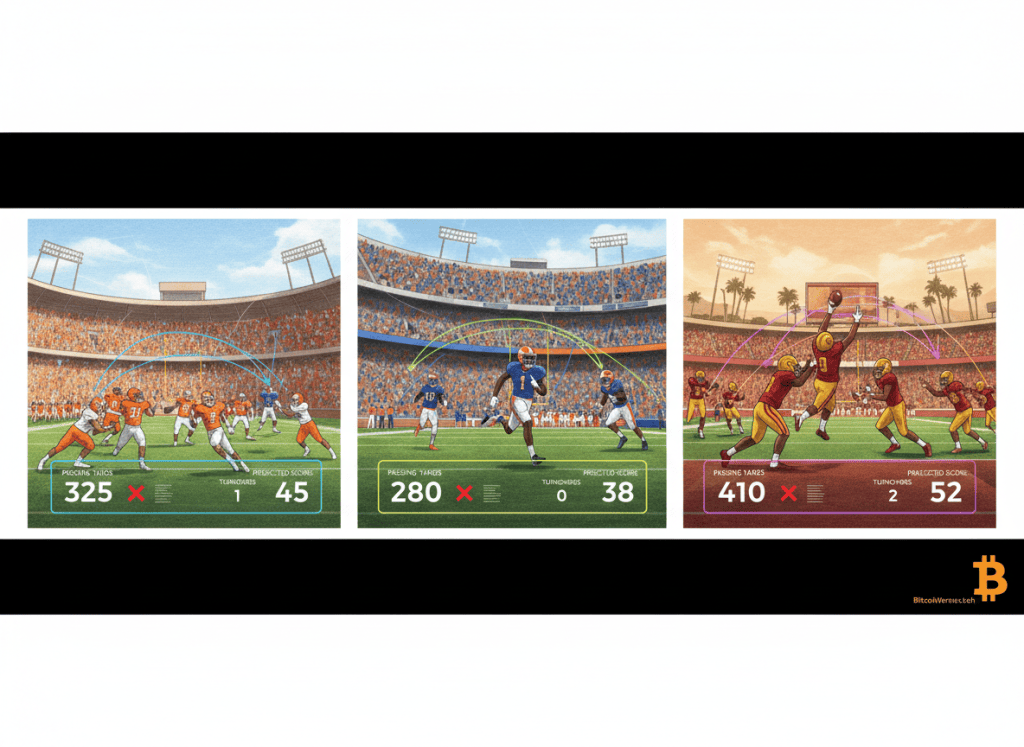 Editorial illustration of three major college football matchups with projected score and player-stat analytics.