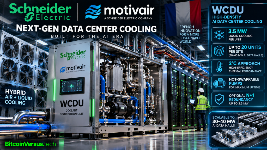 Schneider Electric Motivair WCDU 3.5 MW coolant distribution unit in a high-density AI data center with hybrid air and liquid cooling