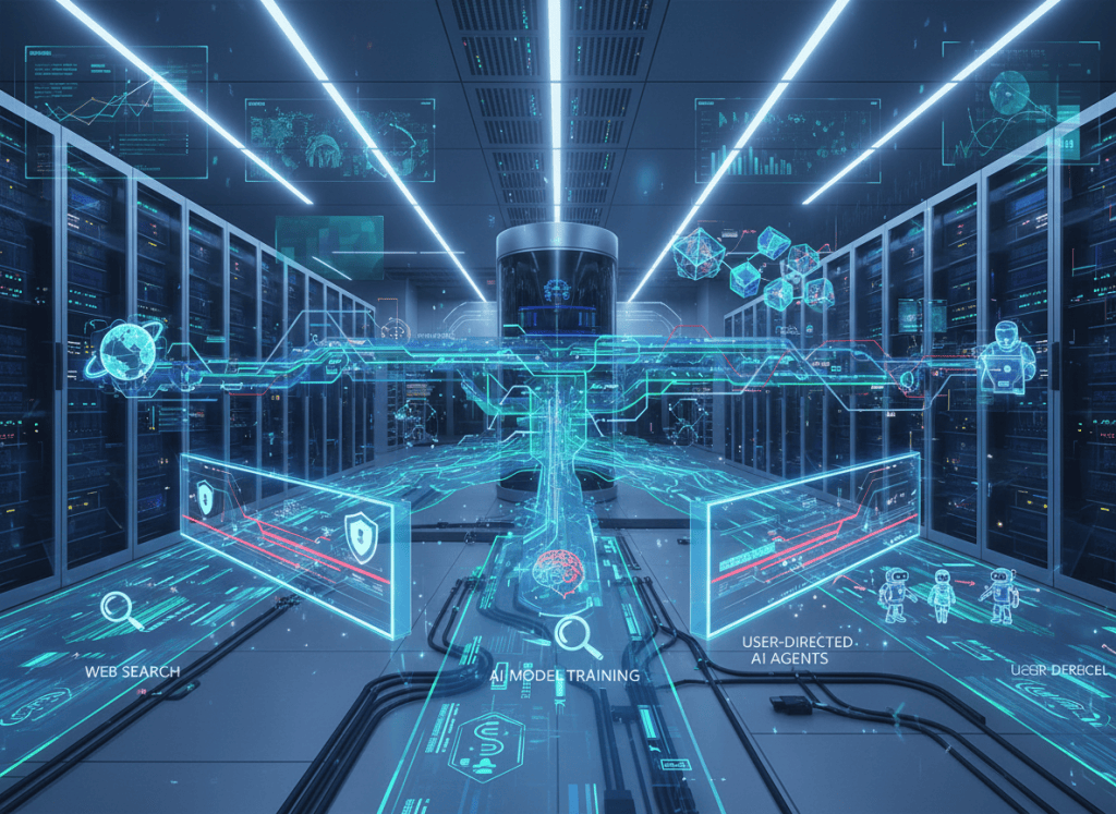Illustration of website infrastructure separating search crawlers, AI training crawlers, and AI agents with network policy controls.