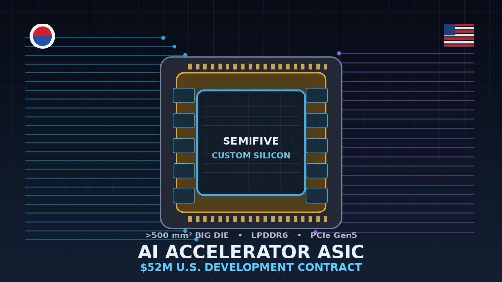 Editorial illustration of a large AI accelerator die with LPDDR6 memory and PCIe Gen5 interconnects, representing SEMIFIVE's $52 million U.S. custom ASIC contract.