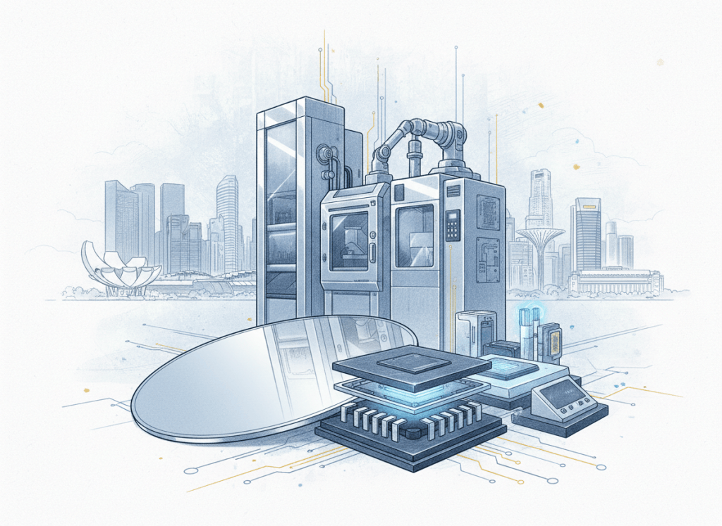 Semiconductor wafer, chip packaging and fabrication equipment with Singapore skyline.