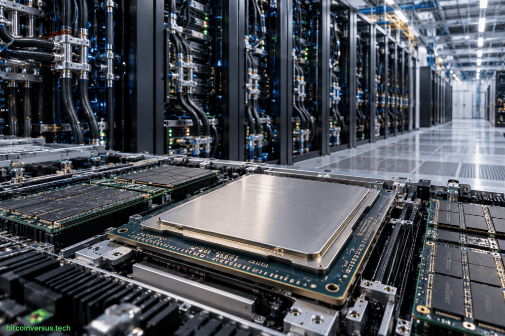 Editorial illustration of a high-performance server CPU and liquid-cooled supercomputer racks