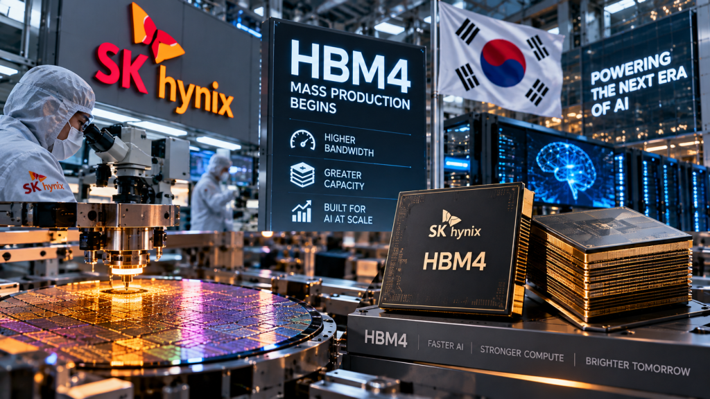 Editorial illustration of SK hynix HBM4 stacked memory, semiconductor wafer manufacturing and South Korean technology production
