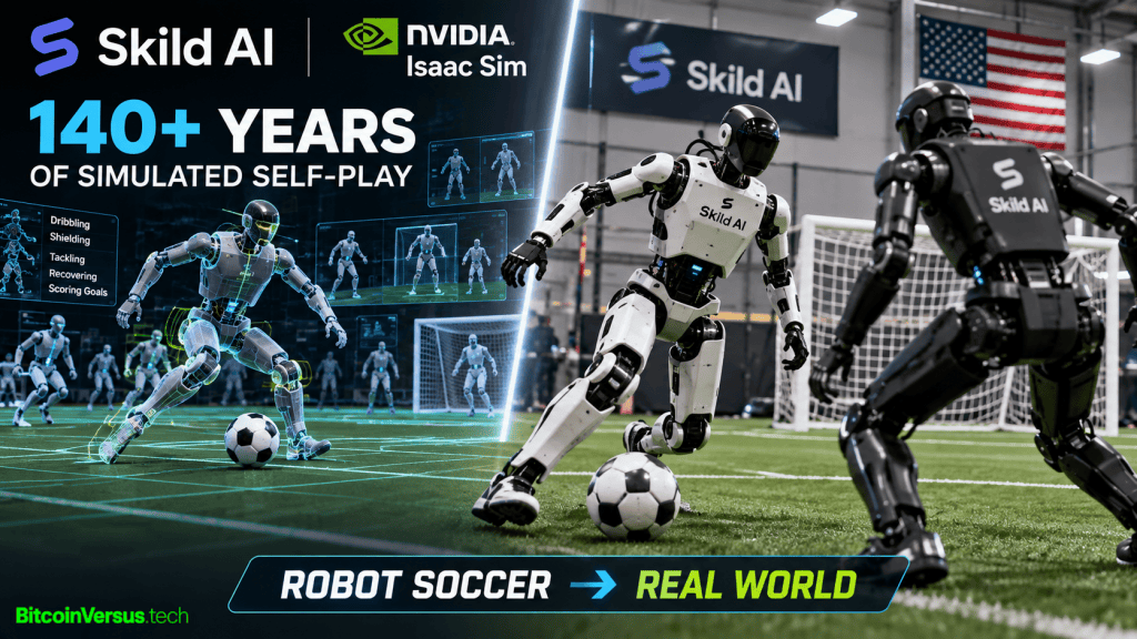 Skild AI humanoid robot soccer training shown across NVIDIA Isaac Sim and a physical soccer field