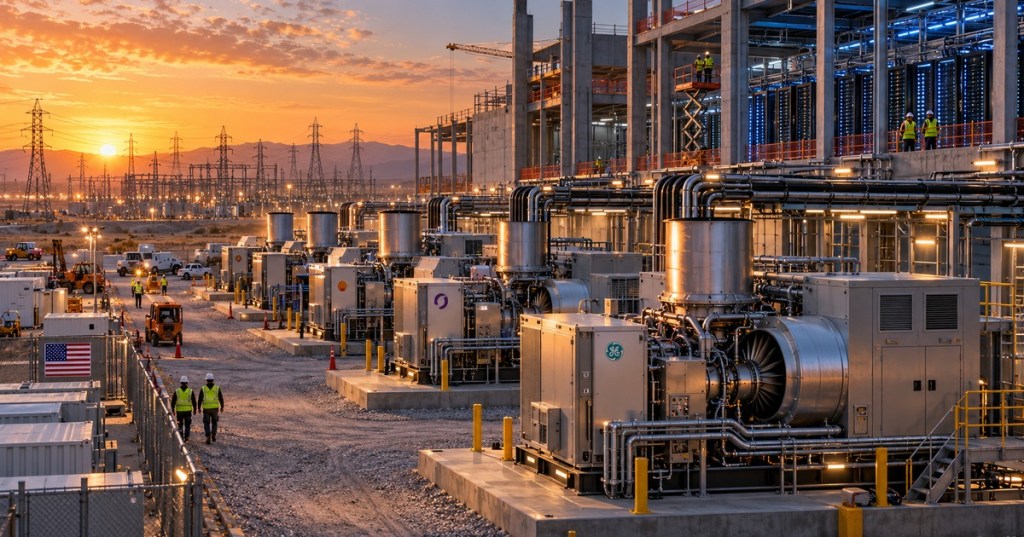 AI-generated editorial illustration of modular small gas turbines beside an unfinished data center and utility substation at sunrise.
