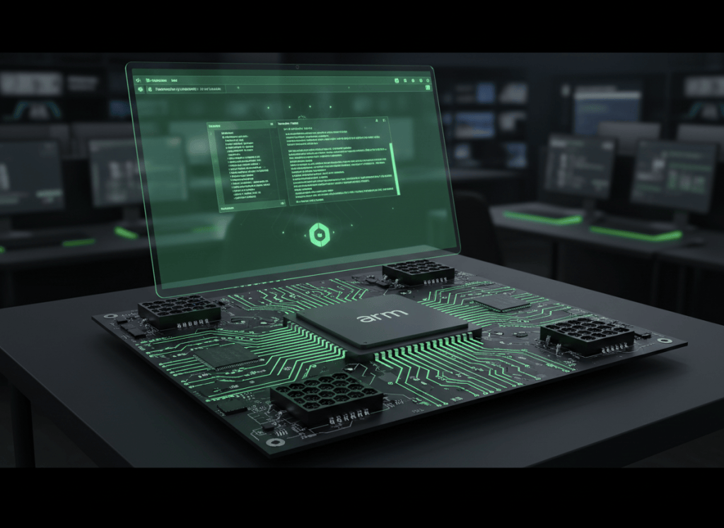 Editorial illustration of Linux running on a next-generation Arm laptop processor with AI acceleration.
