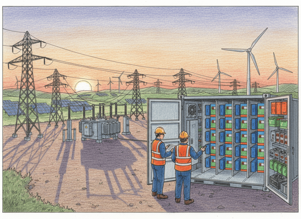 Colored-pencil technical illustration of a utility-scale sodium-ion battery storage system connected to the electrical grid.