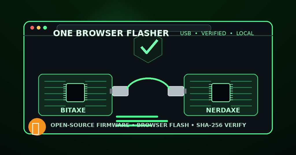 A browser-based Bitcoin miner firmware flasher connecting verified firmware to Bitaxe and NerdAxe open-source mining boards over USB.
