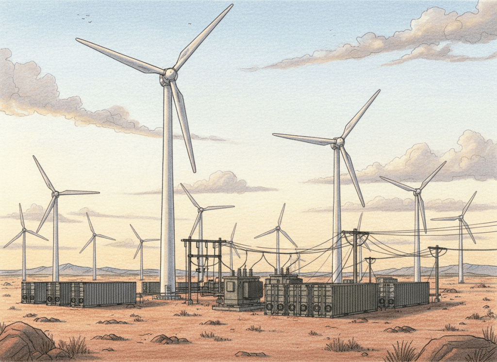 Colored-pencil illustration of a West Texas wind farm powering containerized Bitcoin mining data-center infrastructure.