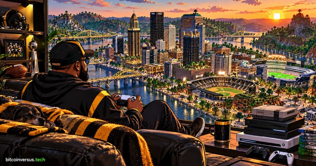 Comic-style illustration of Mike Tomlin relaxing with a game controller while overlooking a vast Minecraft-inspired Pittsburgh cityscape