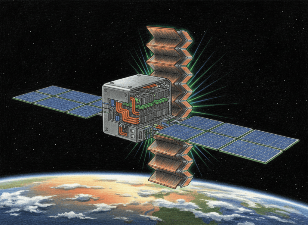 Colored-pencil editorial illustration of Bitcoin mining ASIC hardware inside a solar-powered orbital data-center spacecraft with large thermal radiators.