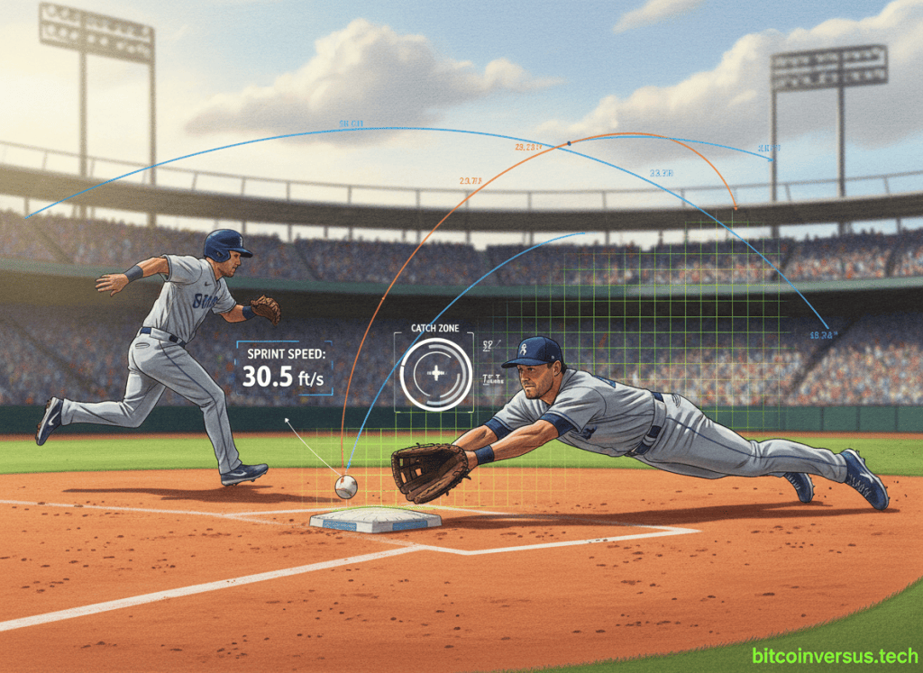 Baseball first baseman scooping a low throw with sports-science tracking and out-probability visualization.