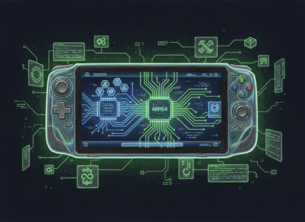 Editorial illustration of SteamOS-style Linux gaming moving from x86 to ARM64 hardware.