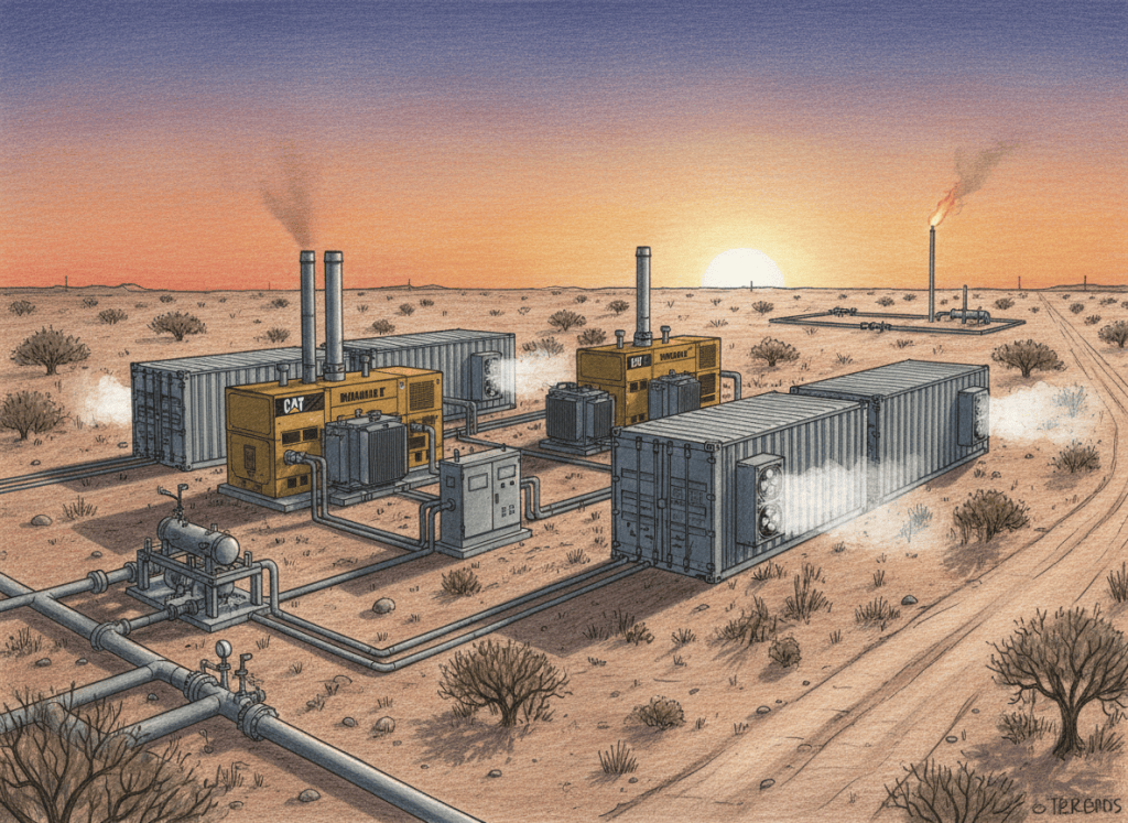 Colored-pencil illustration of an off-grid West Texas natural-gas power plant supplying containerized Bitcoin ASIC miners.