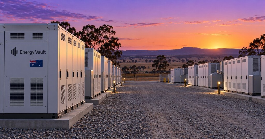 Conceptual battery storage cabinets in rural Australia at twilight, with an Energy Vault label and Australian flag.