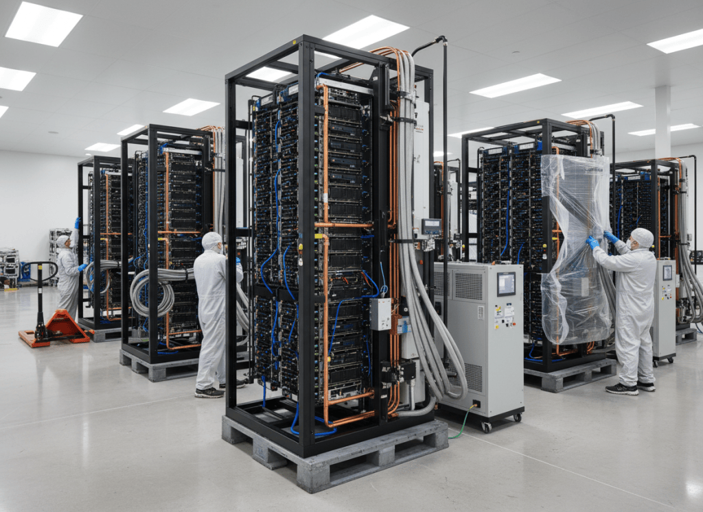 Supermicro NVIDIA Vera Rubin NVL72 rack-scale AI systems shipping, photorealistic editorial image of tall liquid-cooled AI server racks on a clean data center production and deployment floor, realistic cables coolant manifolds and technicians, no text, no logos, landscape news cover composition, polished realistic editorial quality