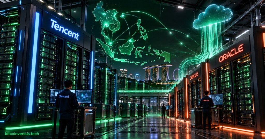 Editorial illustration of Tencent and Oracle AI data center infrastructure in Southeast Asia
