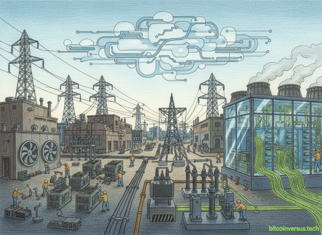 Colored-pencil illustration of TeraWulf-style power and data center infrastructure supporting Bitcoin mining and AI computing