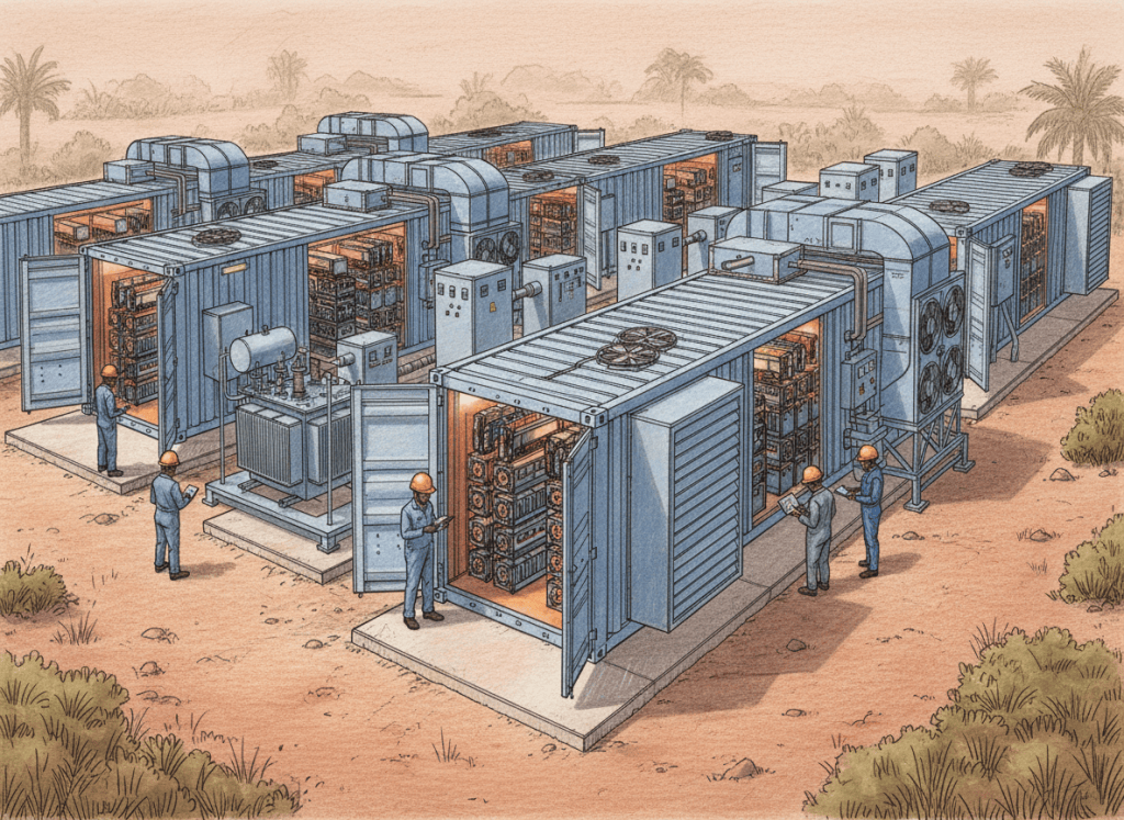 Colored-pencil illustration of modular Bitcoin ASIC mining containers and electrical infrastructure in southern Nigeria.