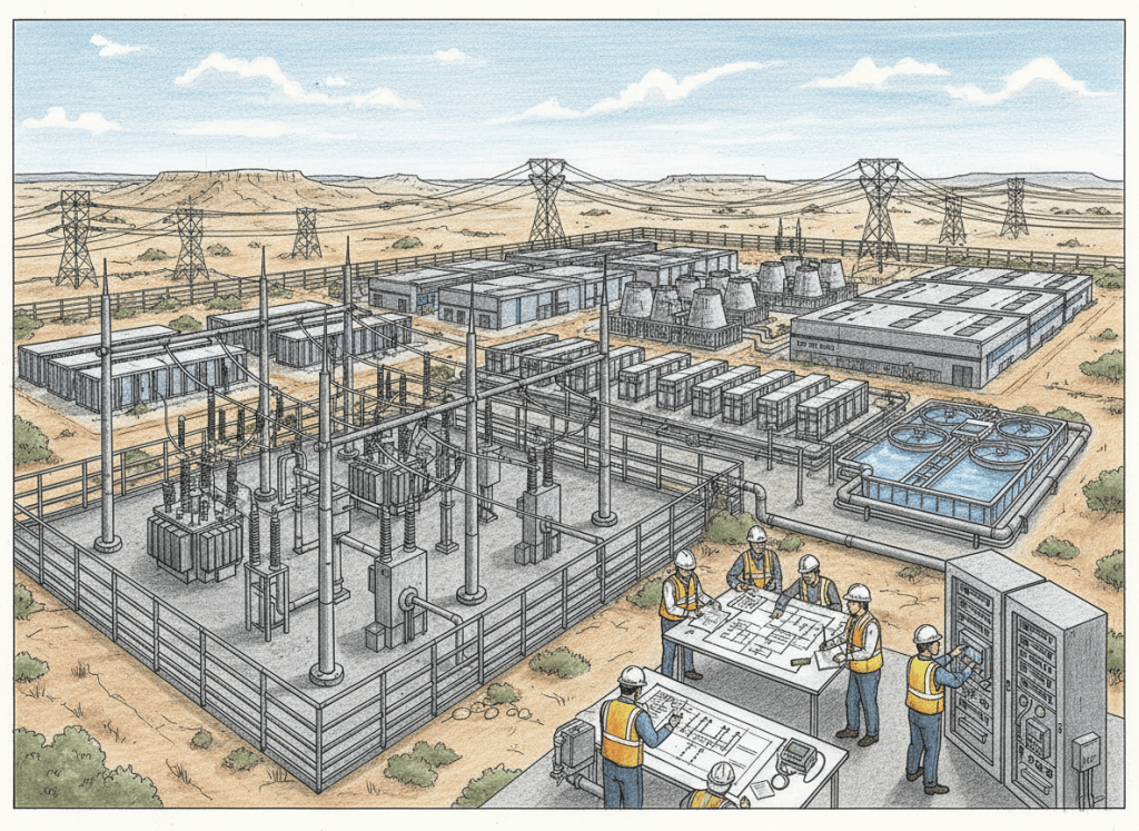 Colored-pencil engineering illustration of a Texas Bitcoin mining and data-center campus connected to high-voltage grid infrastructure.
