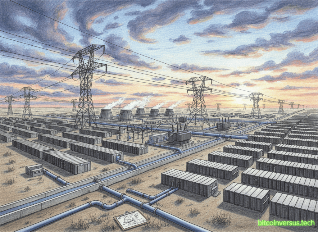 Colored-pencil illustration of a Texas Bitcoin mining and data-center campus with electrical and water infrastructure during a permit pause