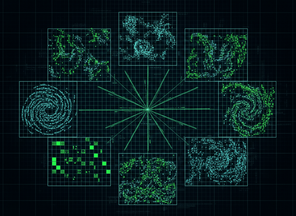Editorial illustration of Conway's Game of Life branching into a multiverse of cellular automata rules and evolving grid patterns.