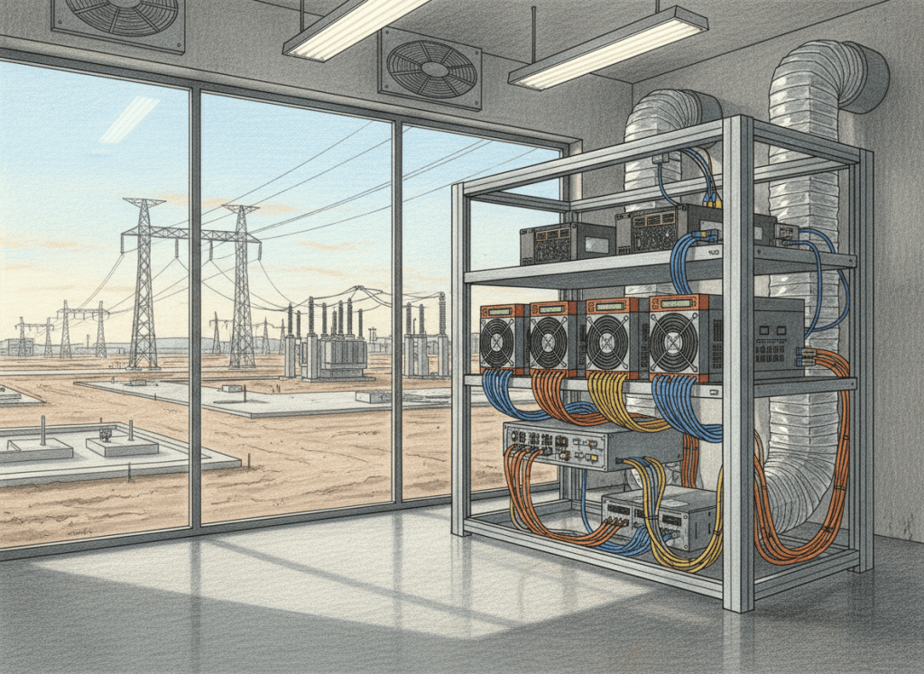 Colored-pencil illustration of four Bitcoin ASIC miners validating power, cooling and connectivity at a potential expansion site.