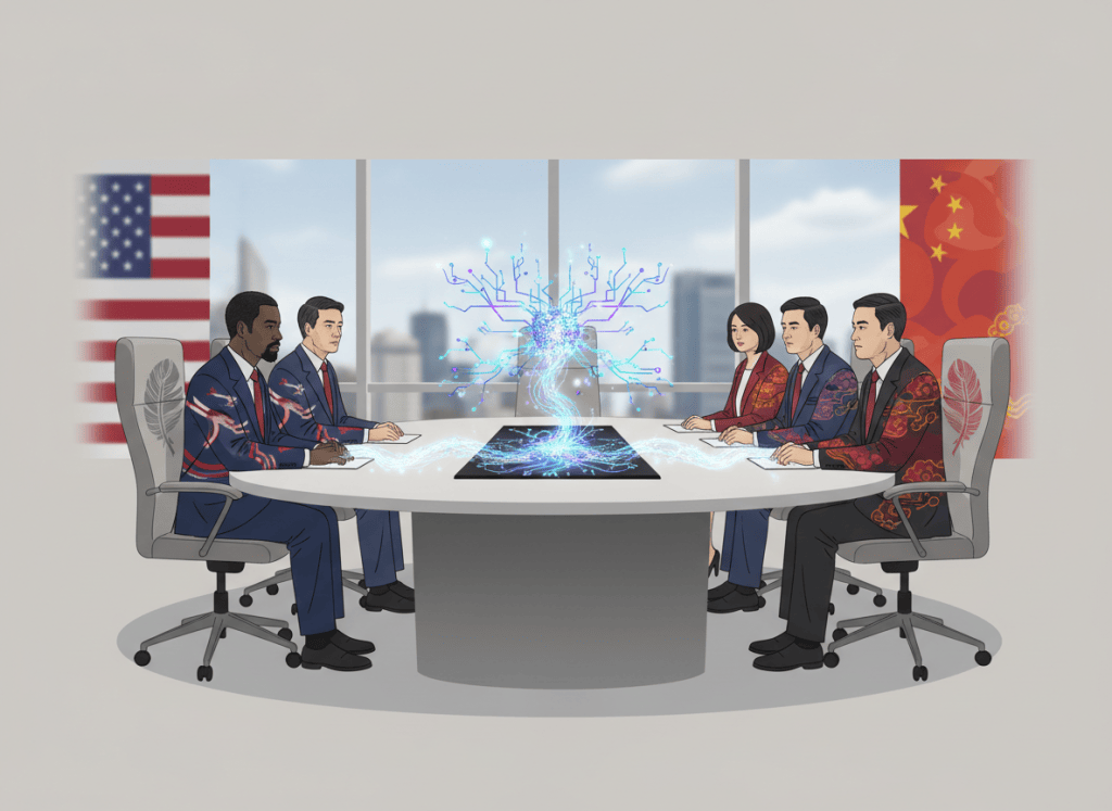 Neutral illustration of U.S. and Chinese delegations discussing artificial intelligence safety and secure incident communications.