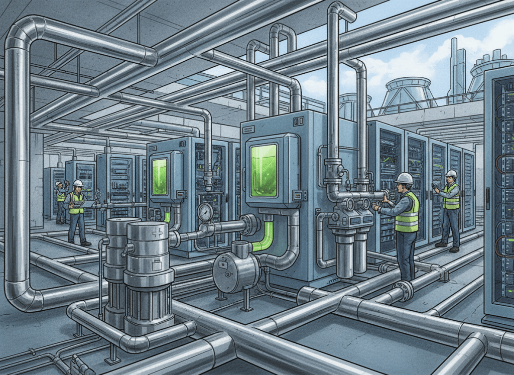 Technicians commissioning liquid cooling infrastructure in a high-density data center
