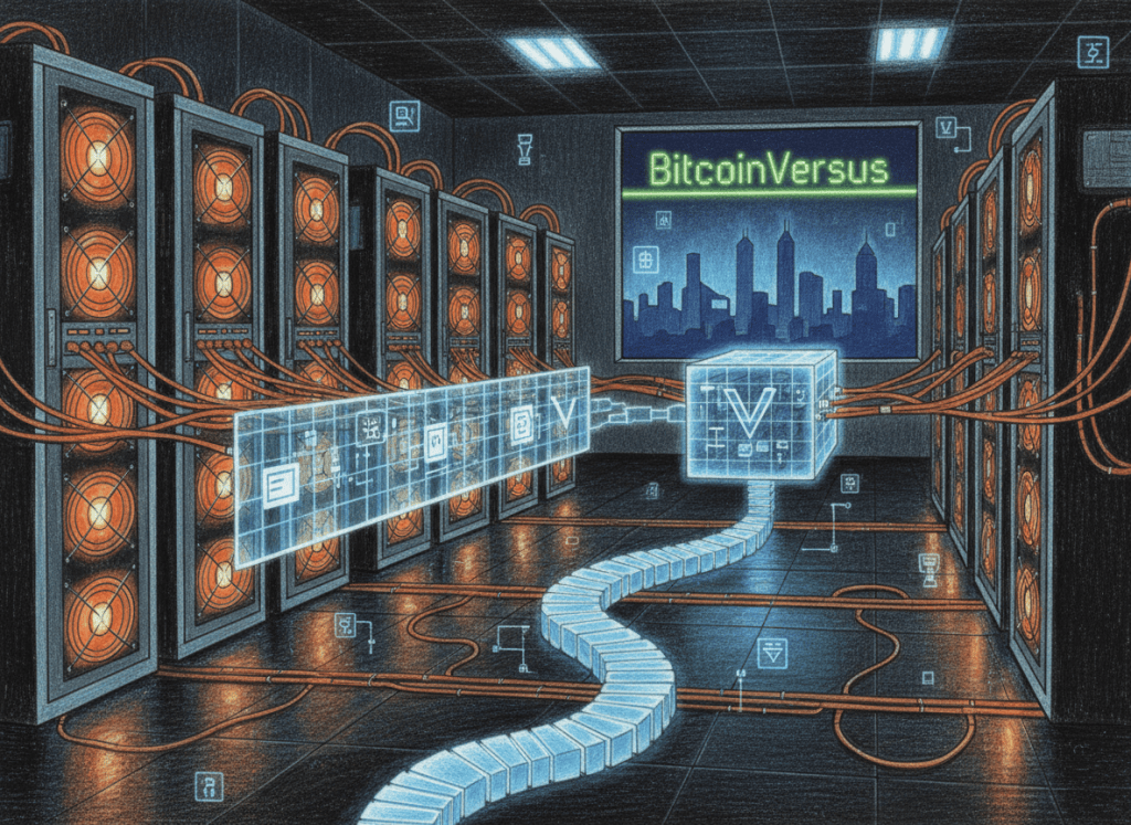 Illustration of Bitcoin mining pool infrastructure accelerating transactions from a mempool into mined blocks