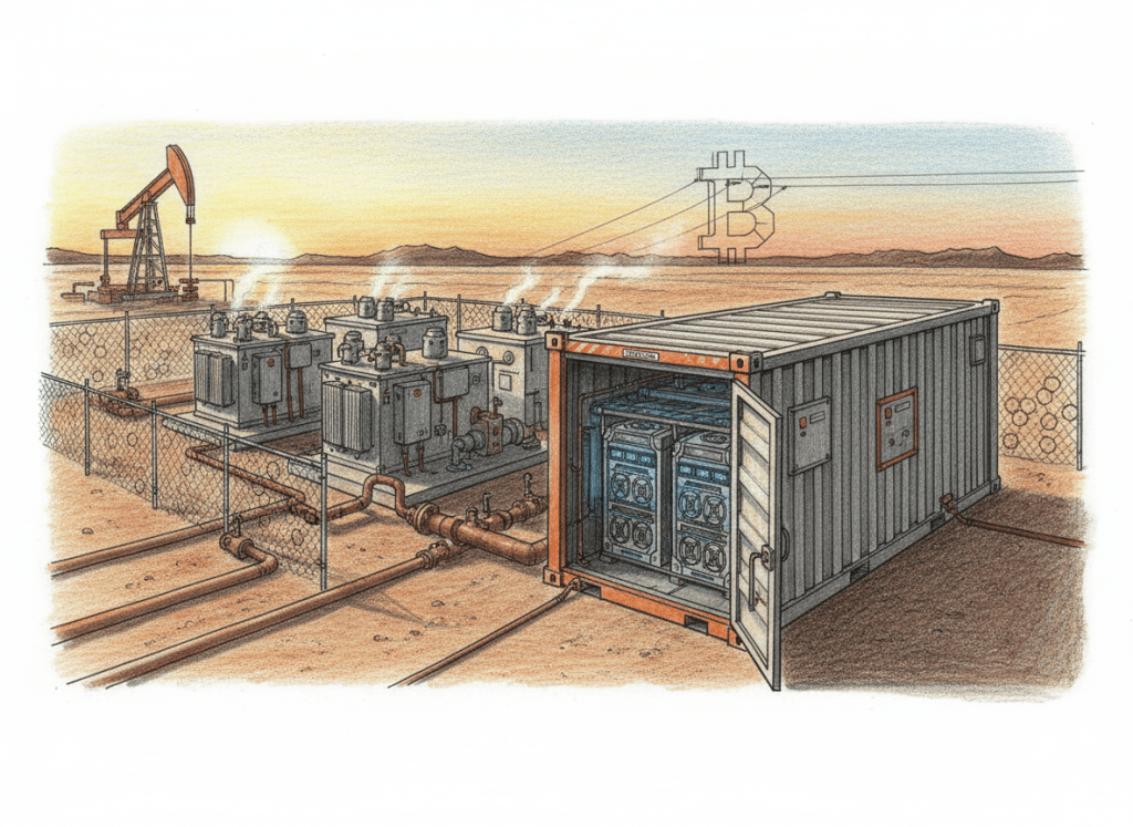 Colored-pencil illustration of a methane-powered modular Bitcoin mining site in West Texas with ASIC miners, generators and electrical infrastructure.