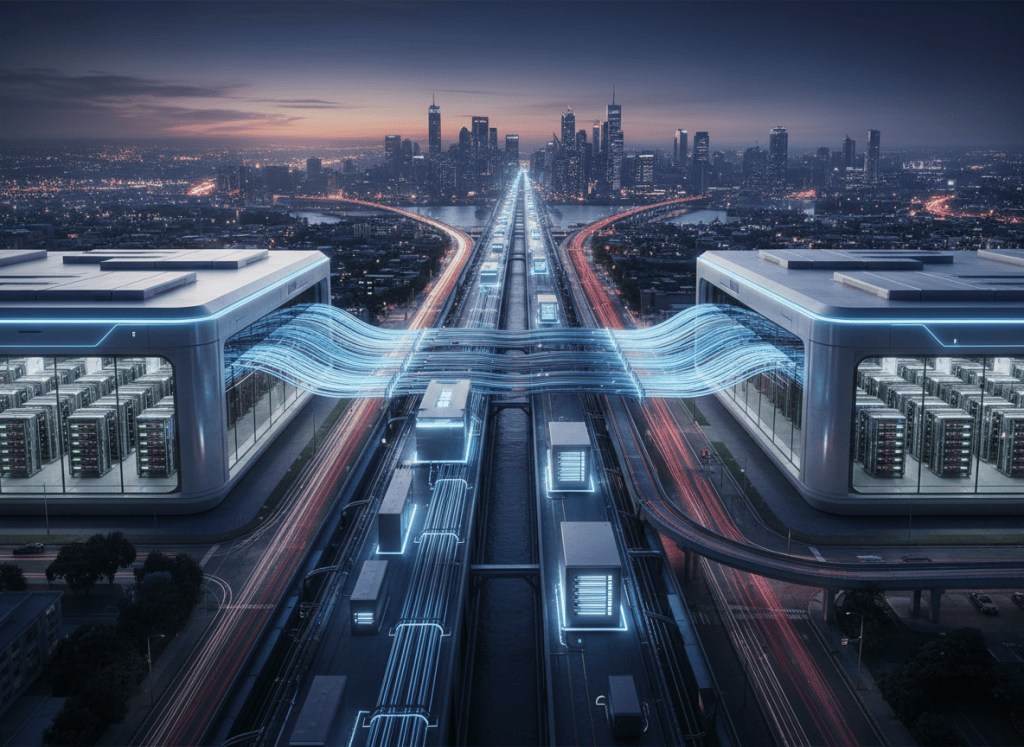 Two geographically separated AI data centers connected by high-capacity fiber, illustrating WhiteFiber Continuum's distributed GPU supercluster architecture.